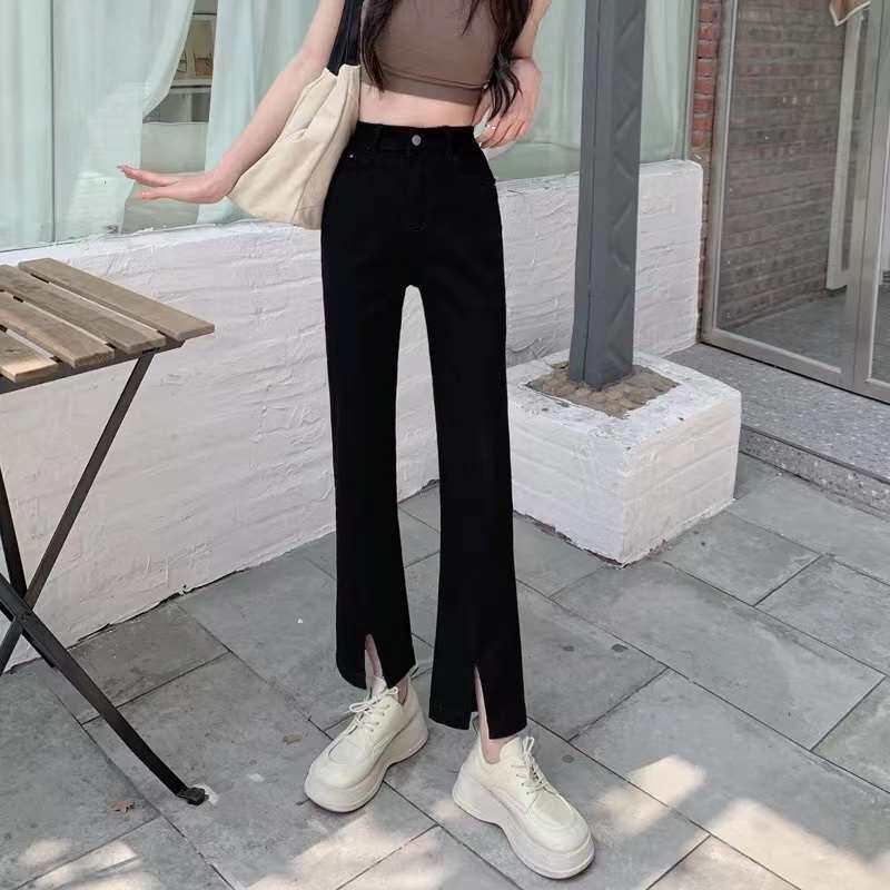 2023新款黑色开叉牛仔裤女装高腰显瘦直筒裤