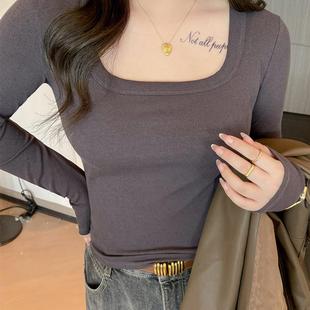 女士莫代爾內(nèi)搭春秋季 大碼 方領螺紋長袖 打底衫 可外穿正肩Tt恤上衣