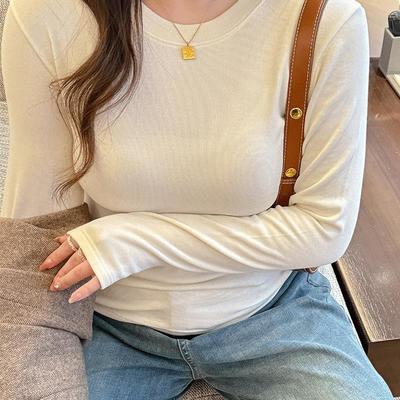 严选仿羊绒打底衫女秋冬季圆领内搭正肩长袖t恤修身大码胖mm上衣