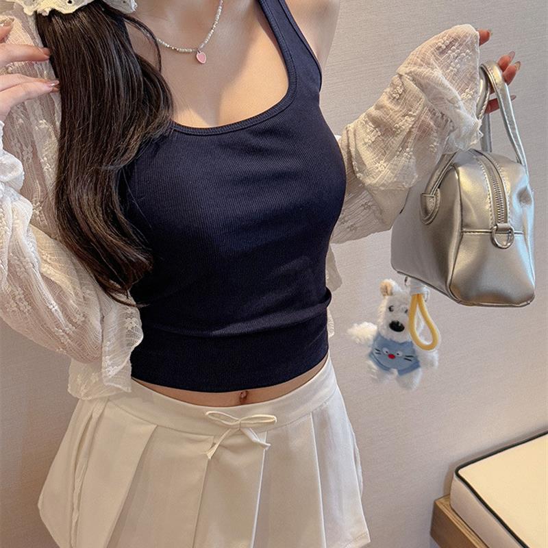 百搭挂脖式方领纯色吊带小背心女带胸垫一体遮副乳百搭休闲上衣