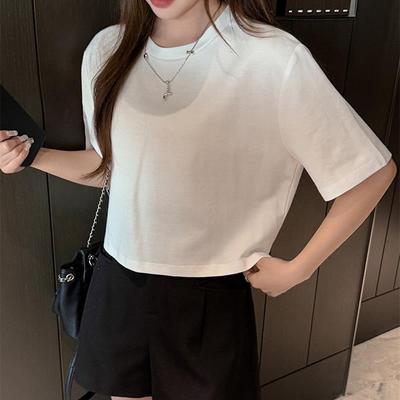 严选白色圆领基础款全棉侧开叉正肩半袖T恤女宽松慵懒风短款上衣