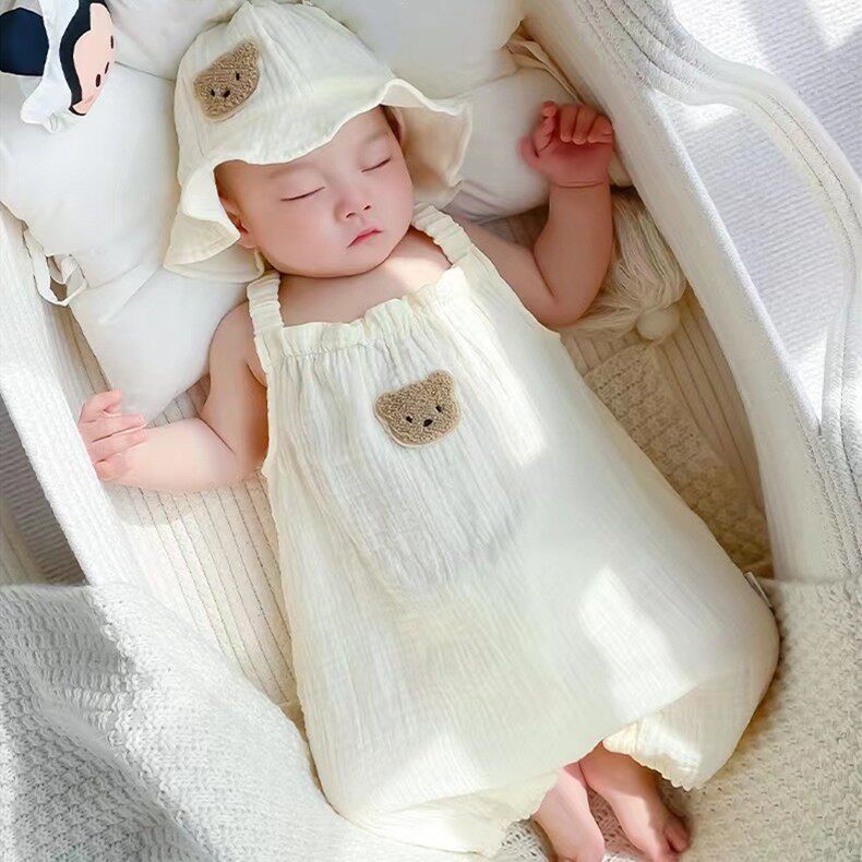 夏季婴儿连体衣套装可爱男女宝宝无袖吊带爬服夏装薄款新生儿衣服