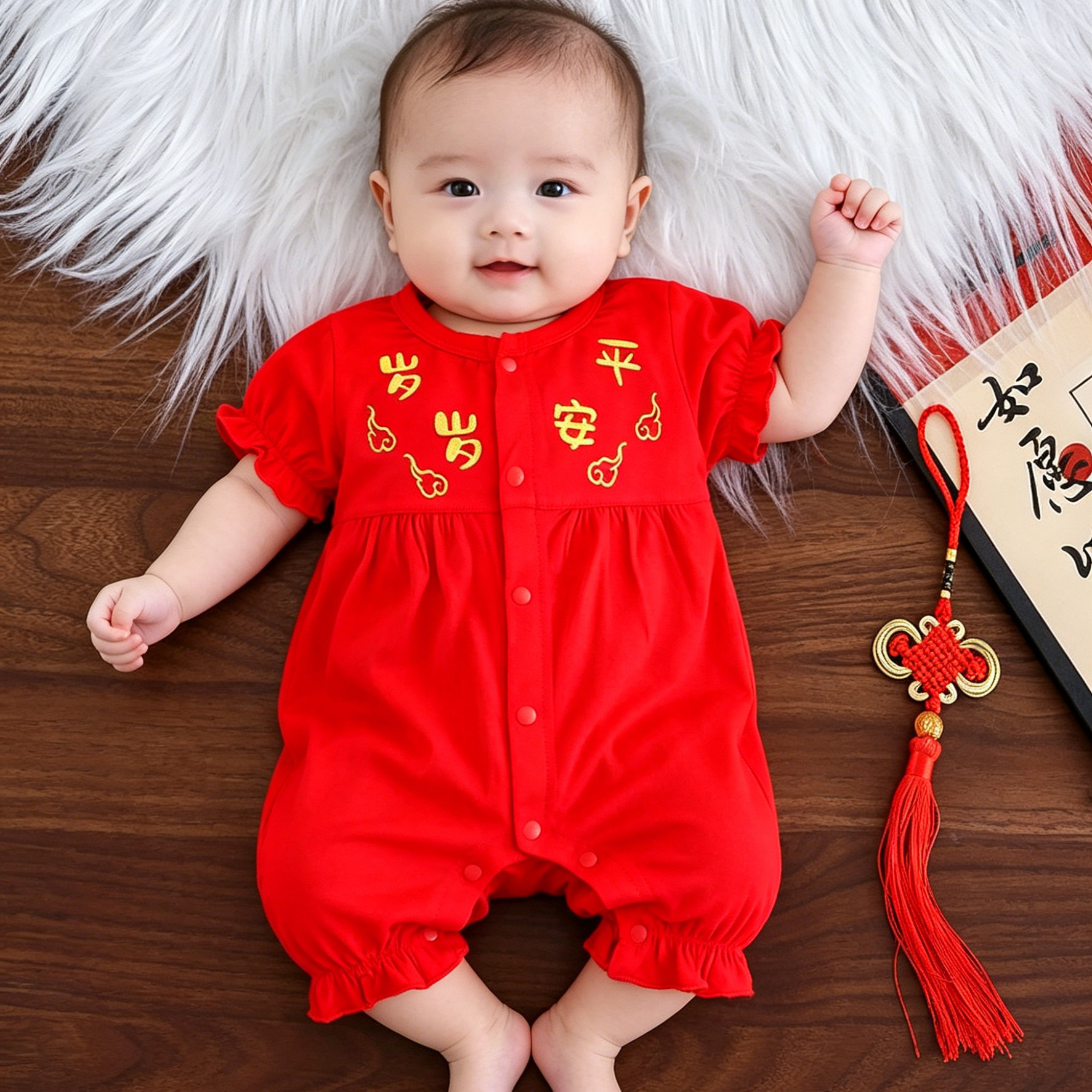 莫代尔宝宝连体衣满月百天抓周中国风婴儿夏季喜庆薄款红色衣服