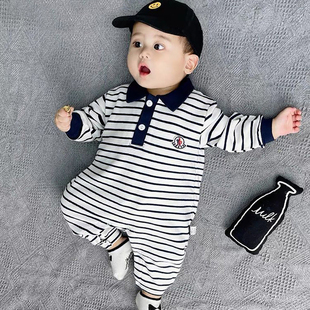 婴儿连体衣春秋季条纹纯棉爬服0-18个月男宝宝长袖哈衣帅气外出服
