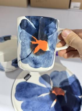 新款  芬兰marimekko蓝花水墨绿色粉花马克杯盘子咖啡杯马克杯