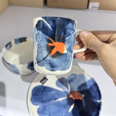 新款  芬兰marimekko蓝花水墨绿色粉花马克杯盘子咖啡杯马克杯