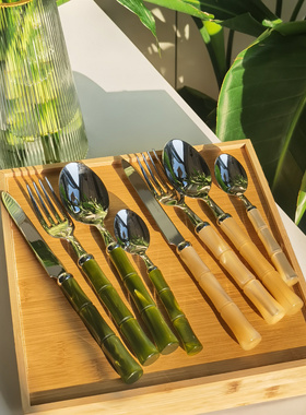 新款意大利进口Rivadossi竹节象牙白橄榄绿刀叉勺子西餐具套装