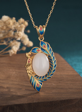 中国风旗袍古装首饰品镀金珐琅彩绘景泰蓝凤凰仿和田玉锁骨项链女