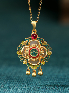 宫廷国潮仿和田玉四叶草金镶玉吊坠珐琅玉石锁骨项链母亲节礼物