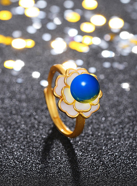 网红直播旗袍古装配饰汉服古法金工艺镶嵌二代蓝珀琥珀山茶花戒指