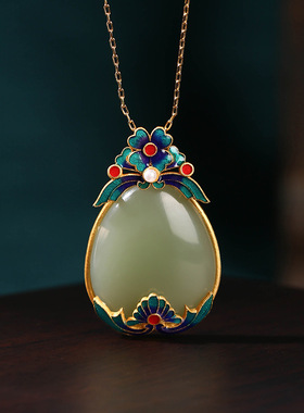 中国风复古典珐琅彩镀金仿玉坠玉佩无事牌水滴项链小红书博主热推