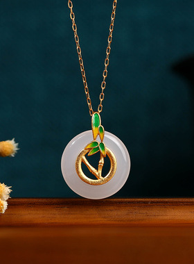 新中式宫廷风福竹报喜吊坠复古平安扣仿和田玉复古平安扣锁骨链女