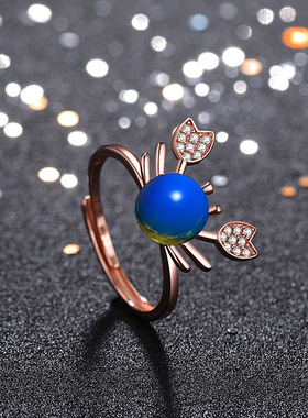 网红戒指汉服人造宝石玫瑰金多米加二代净水无杂质蓝珀小螃蟹指环