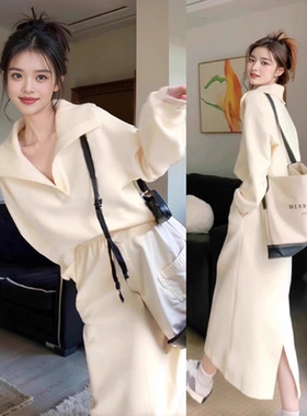 白色小香风休闲运动卫衣纯色拼接慵懒高级感气质盐系轻熟半身裙女