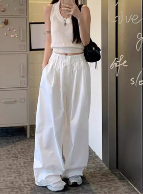 白色潮牌法式夏薄款日系嘻哈纯棉oversize拖地damas高级工装裤