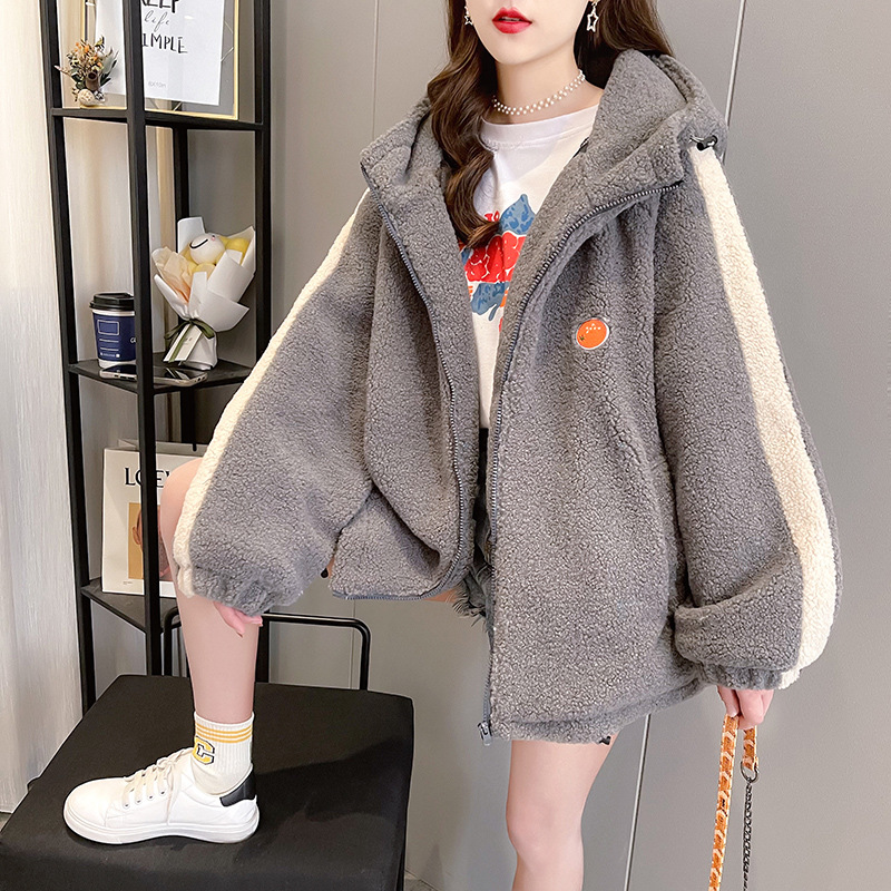 羊羔绒加厚开衫卫衣女秋冬新款网红撞色风外穿大码女装外套上衣女