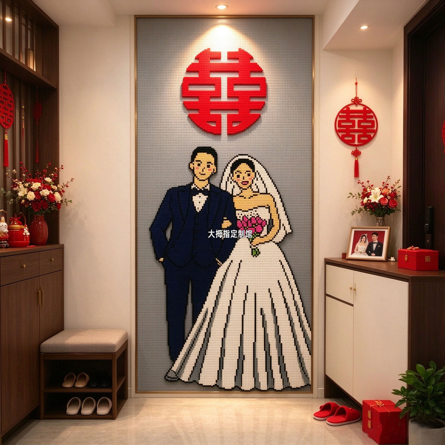 人像全家福定制拼装积木墙像素画客厅玄关入户背景墙装饰画小众画