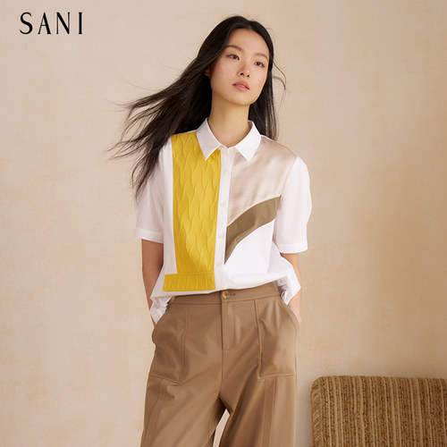 SANI女装2026年夏季新款商场同款下摆抽绳拼接色块短袖衬衫CY9943