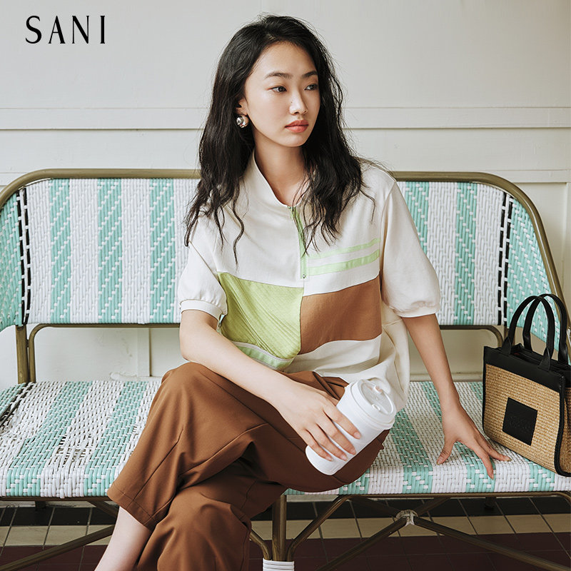 SANI2026夏新款撞色拼接翻领短袖T恤女圆领宽松半袖上衣松紧下摆