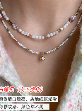 复古细链白贝母锆石锁骨链