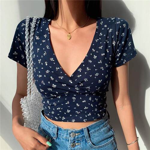 Summer Y2K Vintage Floral Cross Crop Top T-shirt Women Cropp