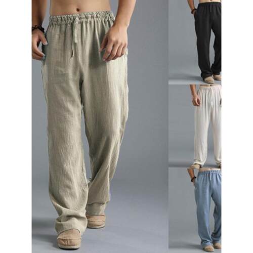 Cotton Linen Loose Trousers Men Summer Cargo Pants 亚麻男裤