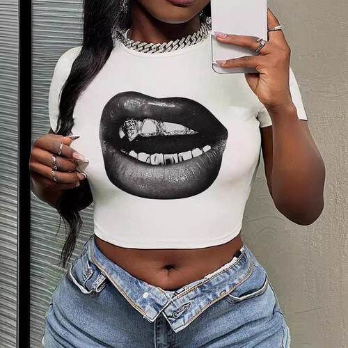 Lips gold teeth printed short spicy girl T-shirt