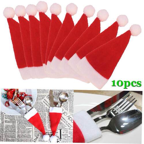 10 Pcs/Set Christmas Hat Cutlery Bag Candy Gift Bags Cute