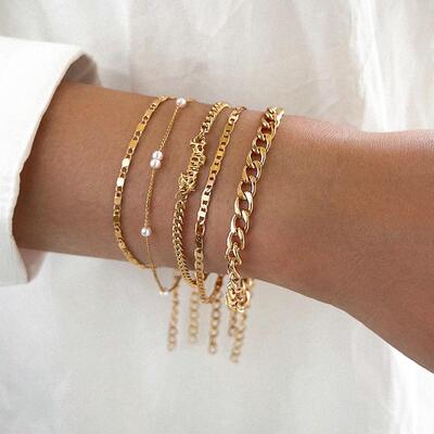5Pcs Trendy Chain Bracelet Set For Women Angel Letter Gold S