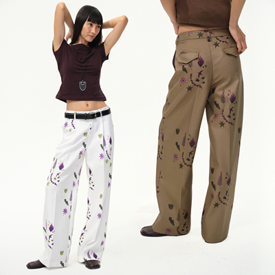 1747 中古植物花卉西裤 原创重工满印图案休闲裤 清仓款不退不换