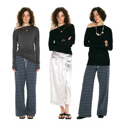 1747 维多利亚式扭曲斜肩莫代尔小众设计感T恤 柔软舒适宽松长袖