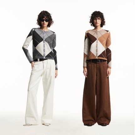 1747 澳州美利奴100%纯羊毛菱形格纹复古老钱圆领修身开襟毛衣