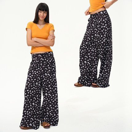 1747 极简碎花风暴｜松弛感黑底小花仿麻印花复古阔腿休闲神裤