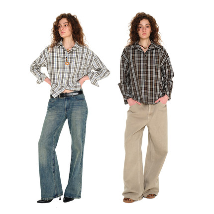 1747 复古时髦知识份子文艺色织格纹长袖衬衫 通勤百搭休闲上衣