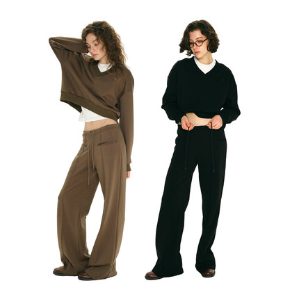 1747 复古经典大V领双面棉宽松休闲卫衣套装 双面拉链运动卫裤