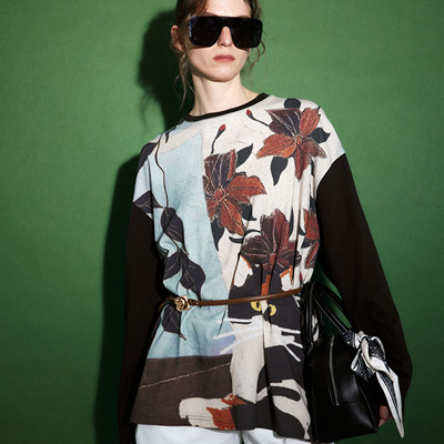 1747「猫憩花院」度假系列_雪花精梳棉 原创油画图案 长袖印花T恤