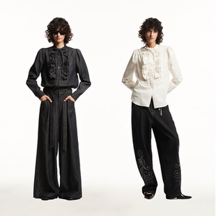 休闲衬衫 1747 压褶复古法式 维多利亚立领系带泡泡袖 宫廷荷叶边