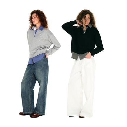 1747 假两件高智感时髦知识份子拼接格子POLO领 复古随性宽松卫衣