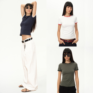 1747 ｜老钱风圆领弹力百搭T恤 华夫格撞色边复古运动短袖