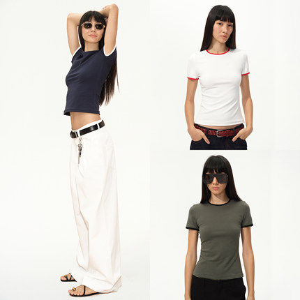 1747 华夫格撞色边复古运动短袖｜老钱风圆领弹力百搭T恤