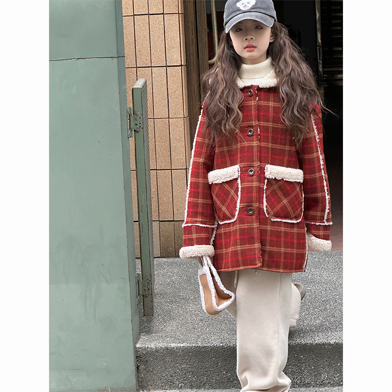 女童毛呢大衣2024秋冬季新款加绒加厚呢子外套女大童格子上衣洋气