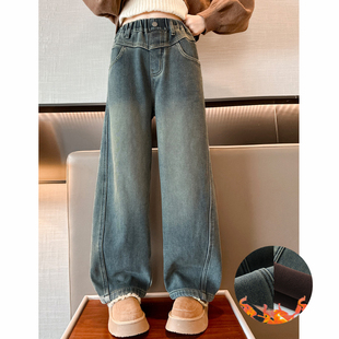 女童牛仔裤春秋2025新款儿童直筒裤子女宽松阔腿加绒加厚休闲裤冬