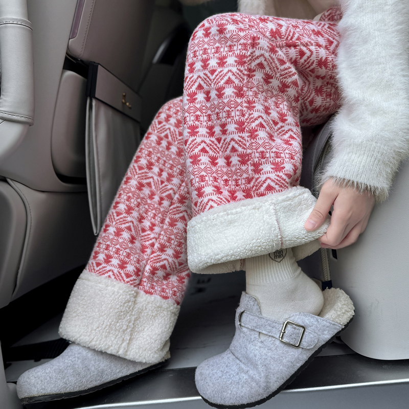 2025新款女童羊羔绒毛呢阔腿裤儿童加厚加绒宽松直筒复古格纹裤子