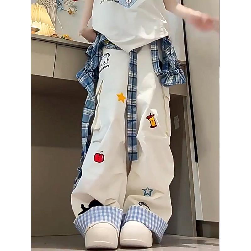 女童美式高街格子口袋工装秋冬季2025新款刺绣直筒宽松阔腿长裤潮