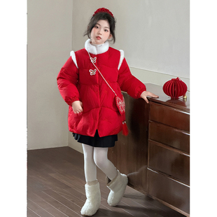 女童棉袄红色国风毛绒拼接棉服2026冬季 加厚保暖新年拜年服外套 装