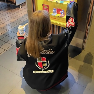 国潮高街美式刺绣pu皮飞行夹克男女童少年学生潮流棒球服夹棉外套