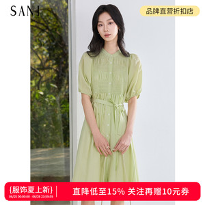 SANI奥莱特卖含桑蚕丝法式灯笼袖收腰打揽中长气质连衣裙女夏季