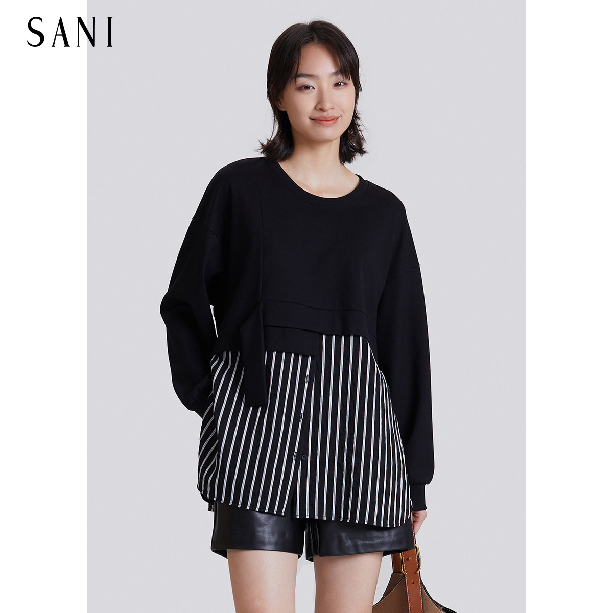 SANI奥莱特卖商场同款设计感条纹拼接冬季卫衣女圆领套头休闲上衣,女装/女士精品,卫衣/绒衫,淘宝优惠券,粉丝福利购,淘宝优惠卷