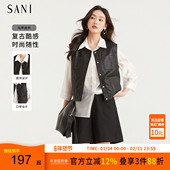 马甲26秋季 SANI宽松圆领pu皮衣工装 外套复古机车风马夹高级感无袖