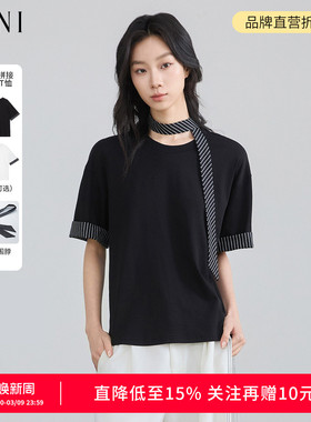 SANI奥莱反季清仓配围脖飘带卷边条纹圆领短袖棉感T恤通勤上衣女